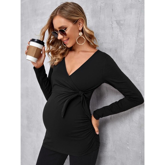Maternity Solid Nursing v neck long sleeve Tee tie front black - Picture 1 of 11